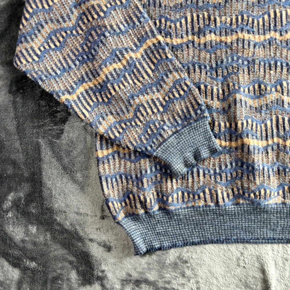 Tricots St Raphael Mens Large Vintage Blue Brown Geometric Wave‎ Knit Sweater L